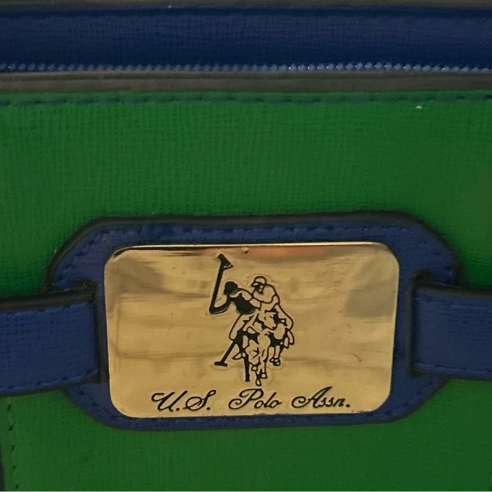 U.S. Polo Assn. Color-block Handbag Blue w/Green Brown Handles Gold Hardware